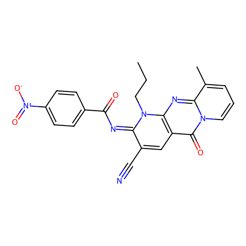 (E)-N-(3-cyano-10-methyl-5-oxo-1-propyl-1H-dipyrido[1,2-a:2',3'-d]pyrimidin-2(5H)-ylidene)-4-nitrobenzamide structure
