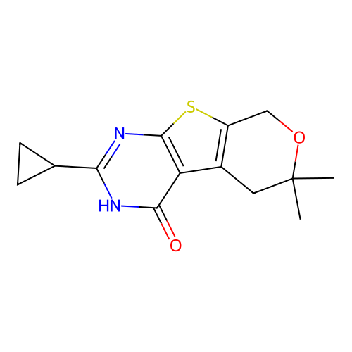 2-cyclopropyl-6,6-dimethyl-5,6-dihydro-3H-pyrano[4',3':4,5]thieno[2,3-d]pyrimidin-4(8H)-one structure