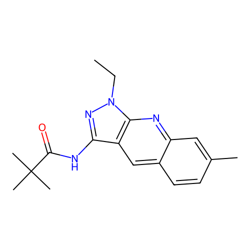 N-(1-ethyl-7-methyl-1H-pyrazolo[3,4-b]quinolin-3-yl)pivalamide structure