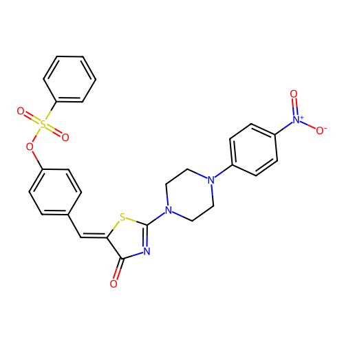 (Z)-4-((2-(4-(4-nitrophenyl)piperazin-1-yl)-4-oxothiazol-5(4H)-ylidene)methyl)phenyl benzenesulfonate structure