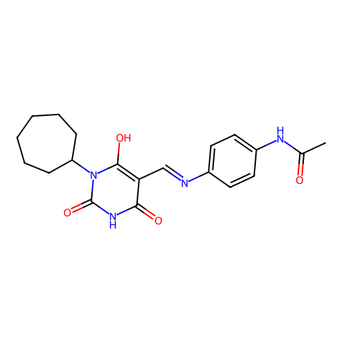 (E)-N-(4-(((1-cycloheptyl-2,4,6-trioxotetrahydropyrimidin-5(2H)-ylidene)methyl)amino)phenyl)acetamide structure