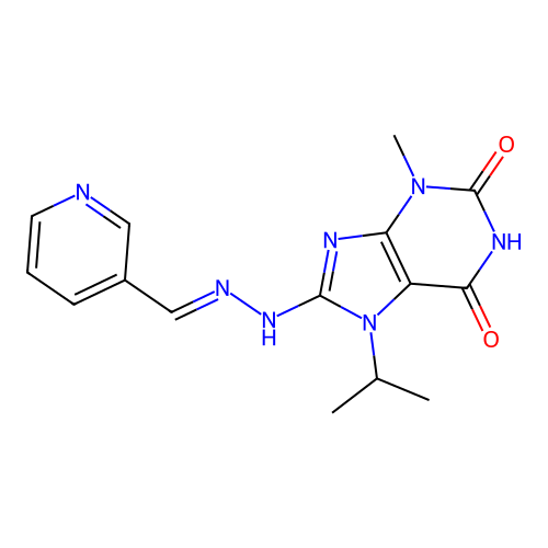 (E)-7-isopropyl-3-methyl-8-(2-(pyridin-3-ylmethylene)hydrazinyl)-1H-purine-2,6(3H,7H)-dione structure