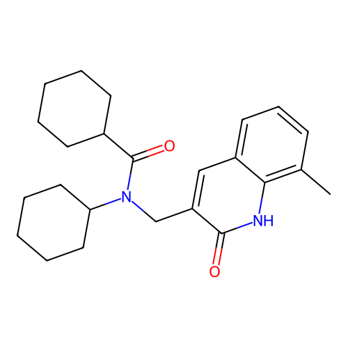 N-cyclohexyl-N-[(8-methyl-2-oxo-1H-quinolin-3-yl)methyl]cyclohexanecarboxamide structure