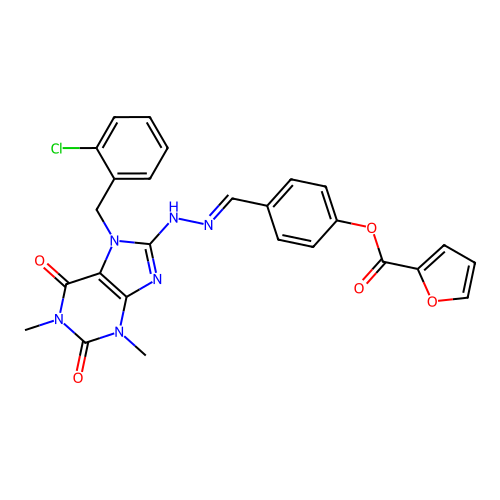 (E)-4-((2-(7-(2-chlorobenzyl)-1,3-dimethyl-2,6-dioxo-2,3,6,7-tetrahydro-1H-purin-8-yl)hydrazono)methyl)phenyl furan-2-carboxylate structure