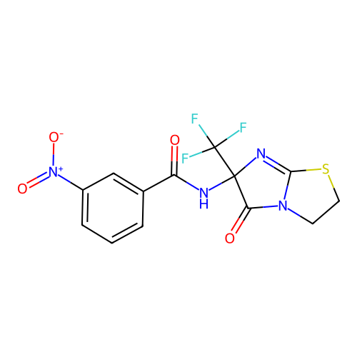3-nitro-N-(5-oxo-6-(trifluoromethyl)-2,3,5,6-tetrahydroimidazo[2,1-b]thiazol-6-yl)benzamide structure