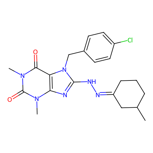 (E)-7-(4-chlorobenzyl)-1,3-dimethyl-8-(2-(3-methylcyclohexylidene)hydrazinyl)-1H-purine-2,6(3H,7H)-dione structure