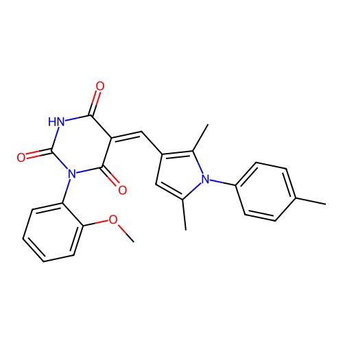 (5Z)-5-[[2,5-dimethyl-1-(4-methylphenyl)pyrrol-3-yl]methylidene]-1-(2-methoxyphenyl)-1,3-diazinane-2,4,6-trione structure