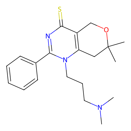 1-(3-(dimethylamino)propyl)-7,7-dimethyl-2-phenyl-7,8-dihydro-1H-pyrano[4,3-d]pyrimidine-4(5H)-thione structure