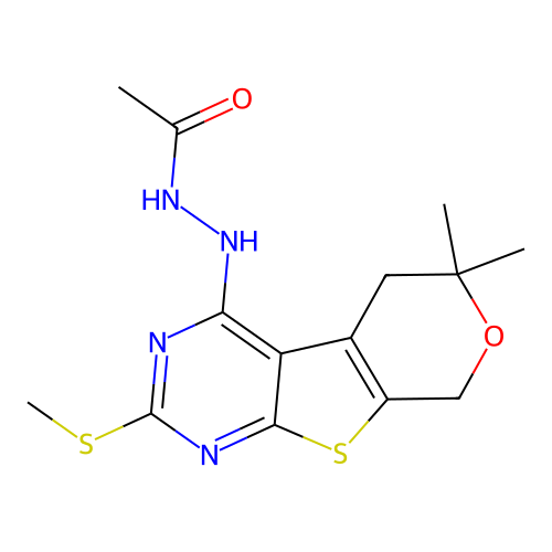 N'-(6,6-dimethyl-2-(methylthio)-6,8-dihydro-5H-pyrano[4',3':4,5]thieno[2,3-d]pyrimidin-4-yl)acetohydrazide structure