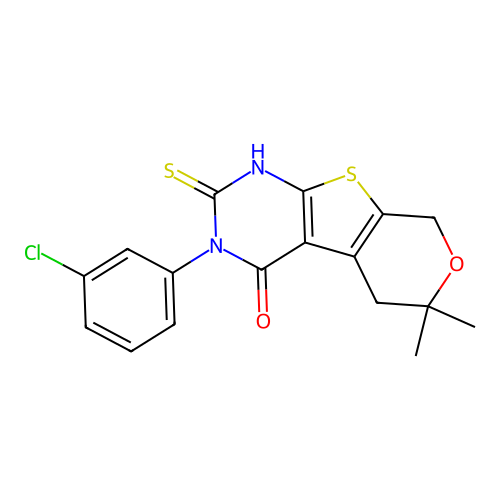 3-(3-chlorophenyl)-2-mercapto-6,6-dimethyl-5,6-dihydro-3H-pyrano[4',3':4,5]thieno[2,3-d]pyrimidin-4(8H)-one structure