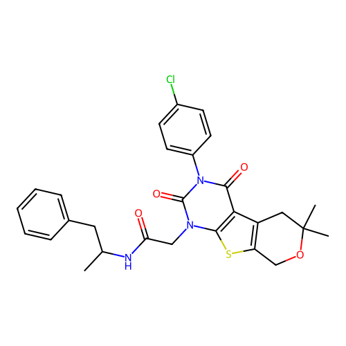2-(3-(4-chlorophenyl)-6,6-dimethyl-2,4-dioxo-2,3,4,5,6,8-hexahydro-1H-pyrano[4',3':4,5]thieno[2,3-d]pyrimidin-1-yl)-N-(1-phenylpropan-2-yl)acetamide structure
