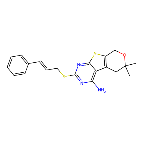 2-(cinnamylthio)-6,6-dimethyl-6,8-dihydro-5H-pyrano[4',3':4,5]thieno[2,3-d]pyrimidin-4-amine structure