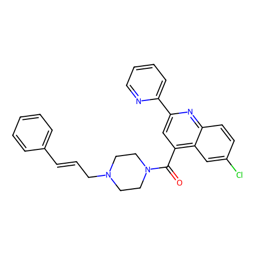 (6-chloro-2-pyridin-2-ylquinolin-4-yl)-[4-[(E)-3-phenylprop-2-enyl]piperazin-1-yl]methanone structure