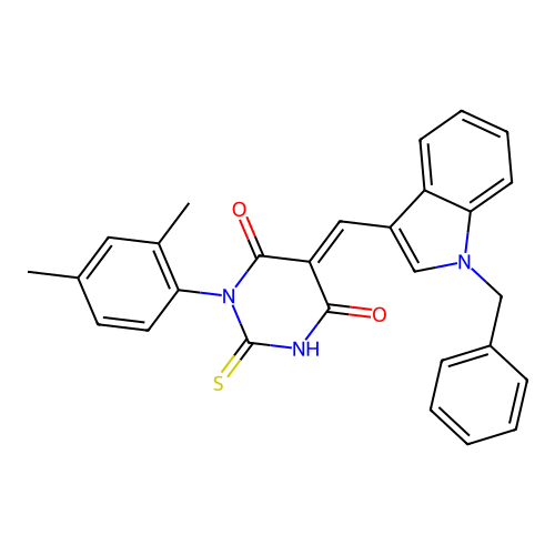 (5E)-5-[(1-benzyl-1H-indol-3-yl)methylidene]-1-(2,4-dimethylphenyl)-2-sulfanylpyrimidine-4,6(1H,5H)-dione structure
