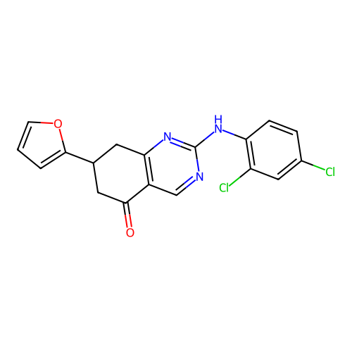 2-(2,4-dichloroanilino)-7-(furan-2-yl)-7,8-dihydro-6H-quinazolin-5-one structure