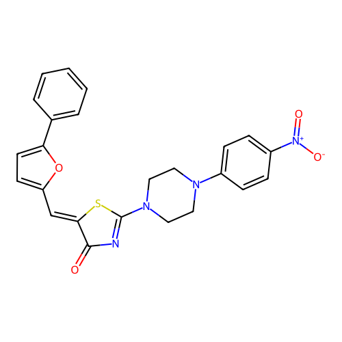 2-[4-(4-nitrophenyl)piperazin-1-yl]-5-[(5-phenyl-2-furyl)methylidene]-1,3-thiazol-4-one structure