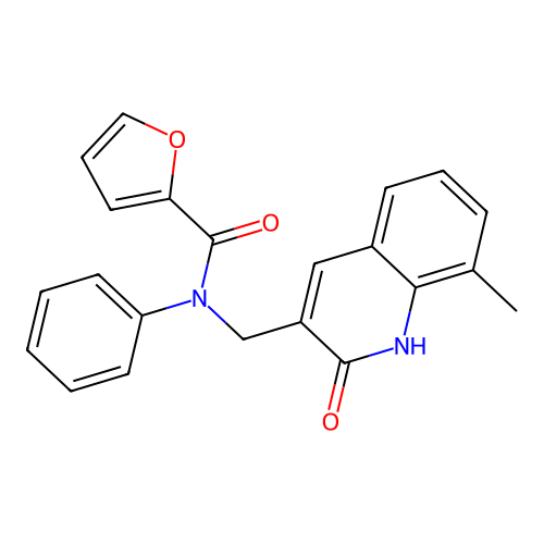 N-[(8-methyl-2-oxo-1H-quinolin-3-yl)methyl]-N-phenylfuran-2-carboxamide structure