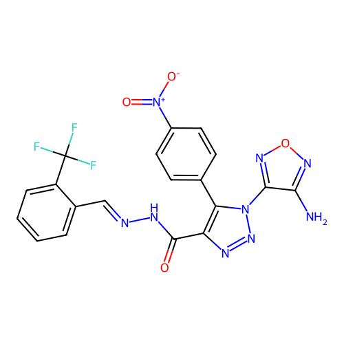 (E)-1-(4-amino-1,2,5-oxadiazol-3-yl)-5-(4-nitrophenyl)-N'-(2-(trifluoromethyl)benzylidene)-1H-1,2,3-triazole-4-carbohydrazide structure