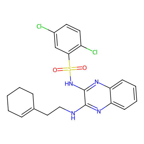 2,5-dichloro-N-(3-((2-(cyclohex-1-en-1-yl)ethyl)amino)quinoxalin-2-yl)benzenesulfonamide structure