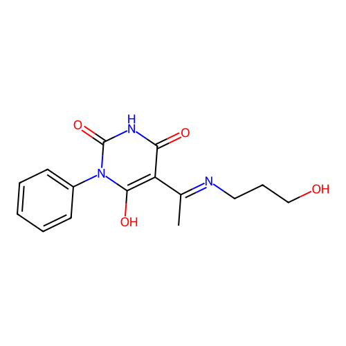 5-[1-(3-hydroxypropylamino)ethylidene]-1-phenyl-1,3-diazinane-2,4,6-trione structure