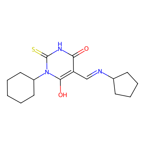 1-cyclohexyl-5-[(cyclopentylamino)methylidene]-2-sulfanylidene-1,3-diazinane-4,6-dione structure
