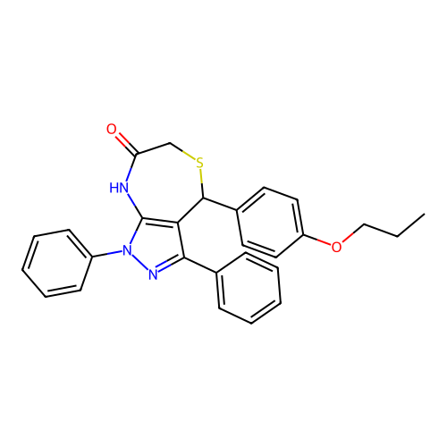1,3-diphenyl-4-(4-propoxyphenyl)-2,4-dihydropyrazolo[3,4-e][1,4]thiazepin-7-one structure