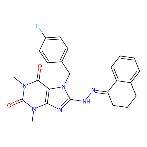 (E)-8-(2-(3,4-dihydronaphthalen-1(2H)-ylidene)hydrazinyl)-7-(4-fluorobenzyl)-1,3-dimethyl-1H-purine-2,6(3H,7H)-dione structure