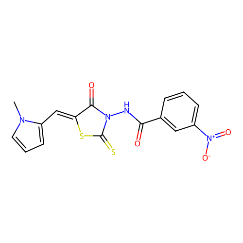 (Z)-N-(5-((1-methyl-1H-pyrrol-2-yl)methylene)-4-oxo-2-thioxothiazolidin-3-yl)-3-nitrobenzamide structure