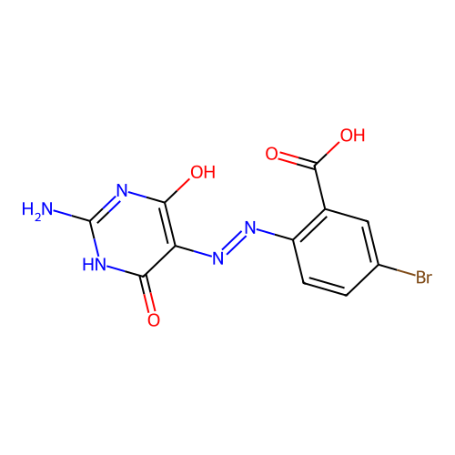 2-[(2E)-2-(2-amino-4,6-dioxo-1H-pyrimidin-5-ylidene)hydrazinyl]-5-bromobenzoic acid structure