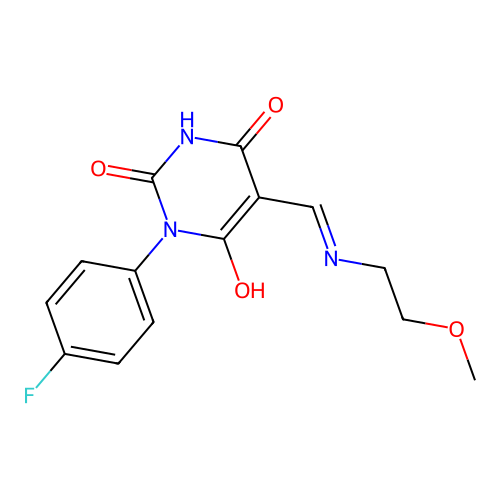1-(4-fluorophenyl)-5-[(2-methoxyethylamino)methylidene]-1,3-diazinane-2,4,6-trione structure