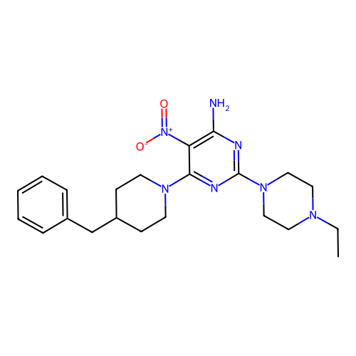 6-(4-Benzylpiperidin-1-yl)-2-(4-ethylpiperazin-1-yl)-5-nitropyrimidin-4-amine structure