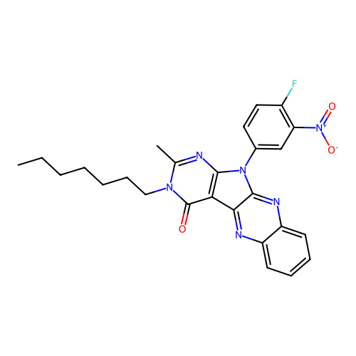 11-(4-fluoro-3-nitrophenyl)-3-heptyl-2-methyl-3,11-dihydro-4H-pyrimido[5',4':4,5]pyrrolo[2,3-b]quinoxalin-4-one structure