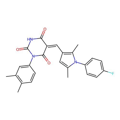 (5Z)-1-(3,4-dimethylphenyl)-5-[[1-(4-fluorophenyl)-2,5-dimethylpyrrol-3-yl]methylidene]-1,3-diazinane-2,4,6-trione structure