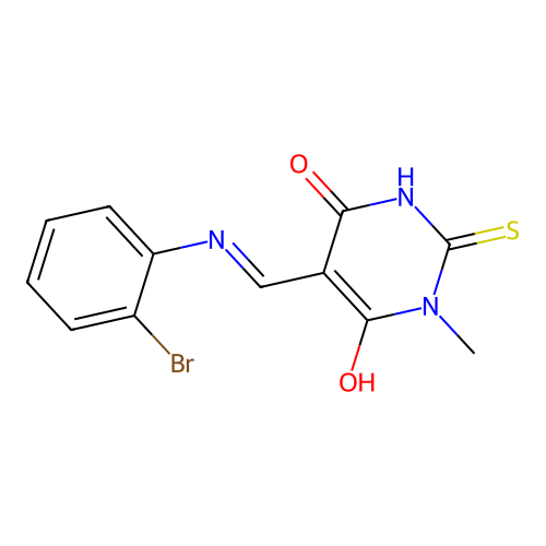 (5E)-5-[(2-bromoanilino)methylidene]-1-methyl-2-sulfanylidene-1,3-diazinane-4,6-dione structure