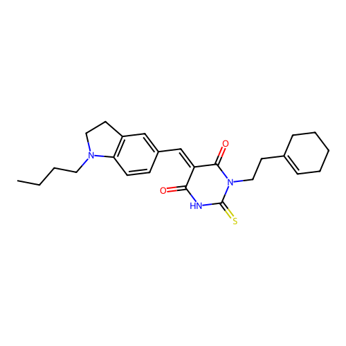 (5E)-5-[(1-butyl-2,3-dihydro-1H-indol-5-yl)methylidene]-1-[2-(cyclohex-1-en-1-yl)ethyl]-2-sulfanylpyrimidine-4,6(1H,5H)-dione structure