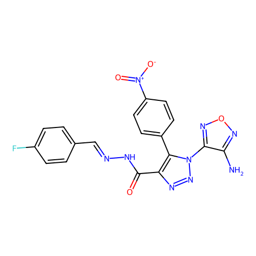 (E)-1-(4-amino-1,2,5-oxadiazol-3-yl)-N'-(4-fluorobenzylidene)-5-(4-nitrophenyl)-1H-1,2,3-triazole-4-carbohydrazide structure