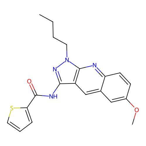 N-(1-butyl-6-methoxypyrazolo[3,4-b]quinolin-3-yl)thiophene-2-carboxamide structure