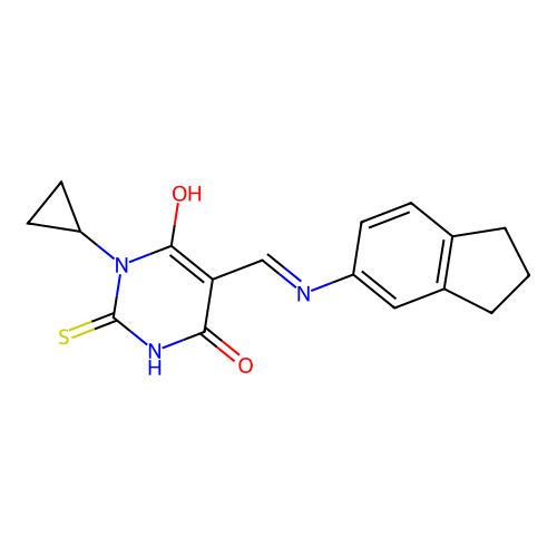 (5E)-1-cyclopropyl-5-[(2,3-dihydro-1H-inden-5-ylamino)methylidene]-2-sulfanylidene-1,3-diazinane-4,6-dione structure
