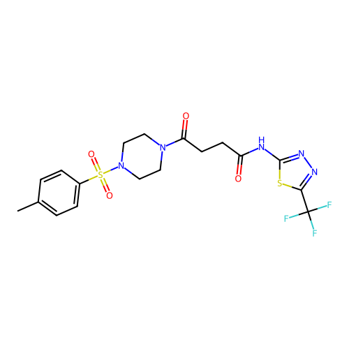 4-oxo-4-(4-tosylpiperazin-1-yl)-N-(5-(trifluoromethyl)-1,3,4-thiadiazol-2-yl)butanamide structure