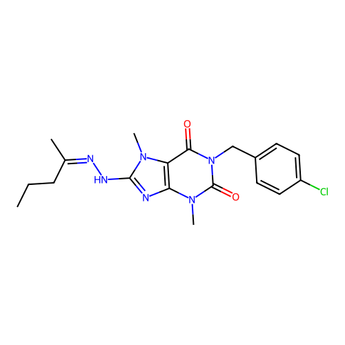 (Z)-1-(4-chlorobenzyl)-3,7-dimethyl-8-(2-(pentan-2-ylidene)hydrazinyl)-1H-purine-2,6(3H,7H)-dione structure