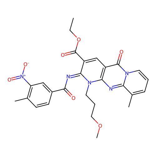 (Z)-ethyl 1-(3-methoxypropyl)-10-methyl-2-((4-methyl-3-nitrobenzoyl)imino)-5-oxo-2,5-dihydro-1H-dipyrido[1,2-a:2',3'-d]pyrimidine-3-carboxylate structure