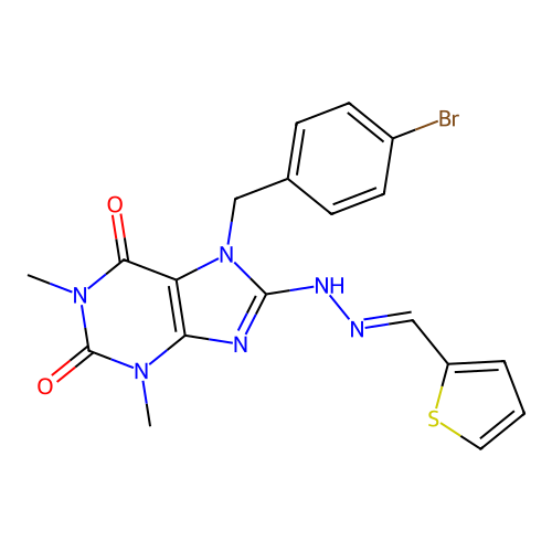 (E)-7-(4-bromobenzyl)-1,3-dimethyl-8-(2-(thiophen-2-ylmethylene)hydrazinyl)-1H-purine-2,6(3H,7H)-dione structure
