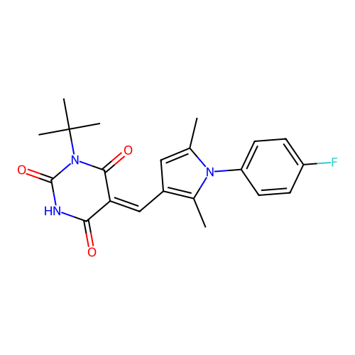 (5Z)-1-tert-butyl-5-[[1-(4-fluorophenyl)-2,5-dimethylpyrrol-3-yl]methylidene]-1,3-diazinane-2,4,6-trione structure