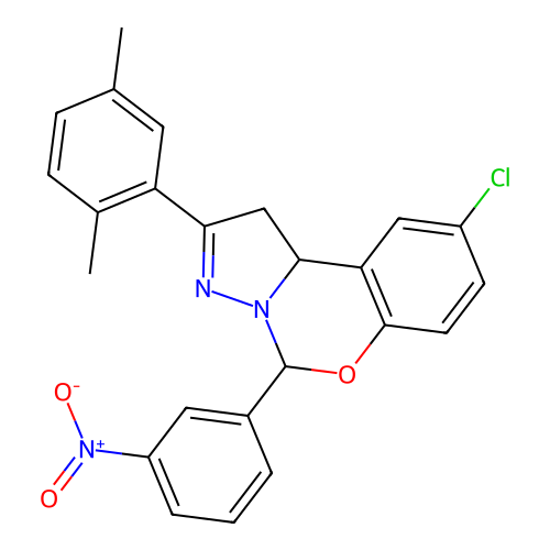 9-(2,5-dimethylphenyl)-2-chloro-6-(3-nitrophenyl)-6H,10aH-benzo[e]2-pyrazolino [1,5-c]1,3-oxazine structure