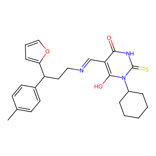 (5E)-1-cyclohexyl-5-({[3-(furan-2-yl)-3-(4-methylphenyl)propyl]amino}methylidene)-2-sulfanylpyrimidine-4,6(1H,5H)-dione structure