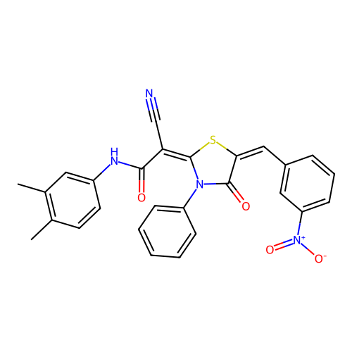(2E)-2-cyano-N-(3,4-dimethylphenyl)-2-[(5E)-5-[(3-nitrophenyl)methylidene]-4-oxo-3-phenyl-1,3-thiazolidin-2-ylidene]acetamide structure