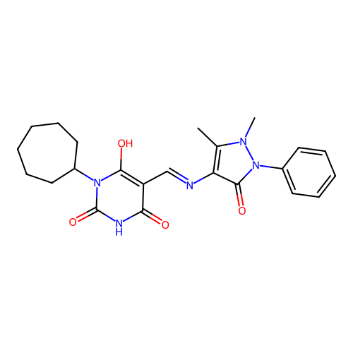 (E)-1-cycloheptyl-5-(((1,5-dimethyl-3-oxo-2-phenyl-2,3-dihydro-1H-pyrazol-4-yl)amino)methylene)pyrimidine-2,4,6(1H,3H,5H)-trione structure