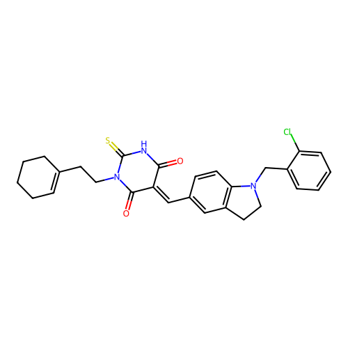 (5E)-5-[[1-[(2-chlorophenyl)methyl]-2,3-dihydroindol-5-yl]methylidene]-1-[2-(cyclohexen-1-yl)ethyl]-2-sulfanylidene-1,3-diazinane-4,6-dione structure