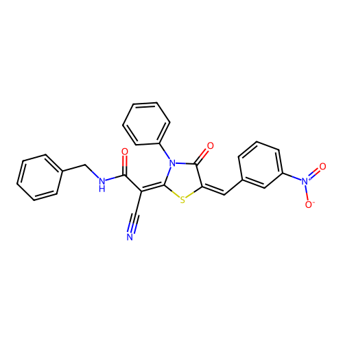 (E)-N-benzyl-2-cyano-2-((E)-5-(3-nitrobenzylidene)-4-oxo-3-phenylthiazolidin-2-ylidene)acetamide structure