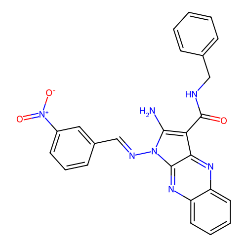 (E)-2-amino-N-benzyl-1-((3-nitrobenzylidene)amino)-1H-pyrrolo[2,3-b]quinoxaline-3-carboxamide structure